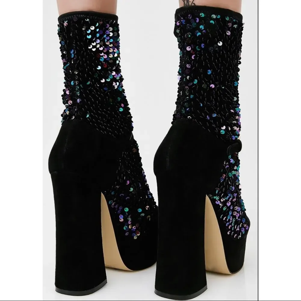Shelly’s London • Haimi Iridescent Sequin Sock Bootie Platforms